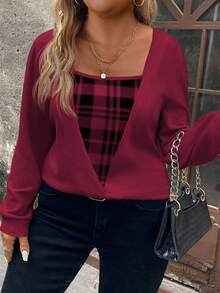 EMERY ROSE Plus Size Plaid Print Patchwork Black Knit Long Sleeve Sweatshirt, Soft Knit, Winter, Fall Autumn - Multicolor - View 6