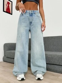 SHEIN Cottnline High Waist Light Wash Wide Leg Jean - Light Wash - View 4