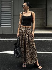 DAZY 女士休闲豹纹百褶裙，秋冬女装半身裙 - 咖啡棕 - 查看 7