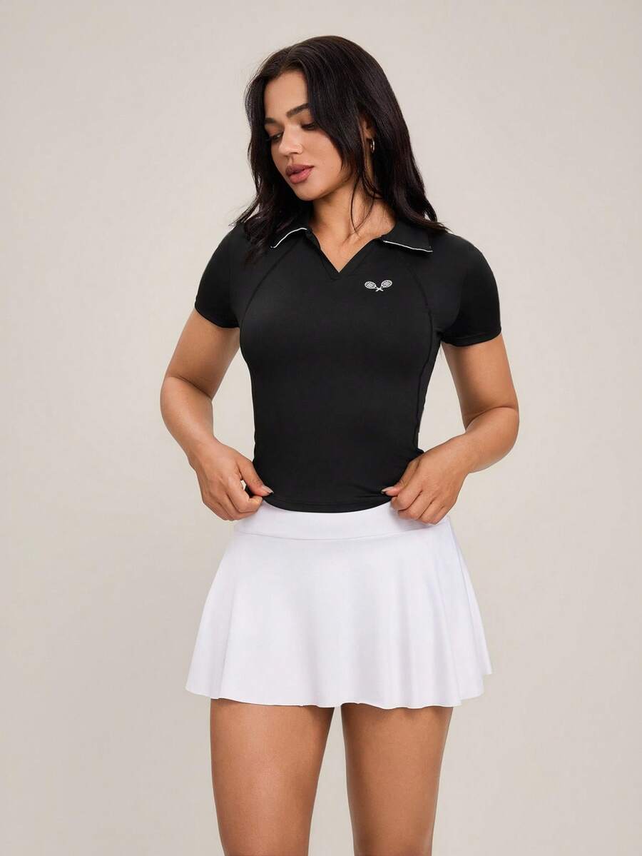 Hanevo 女式网球拍印花 Polo 衫，有领短袖修身运动上衣 - 黑色 - 查看 1