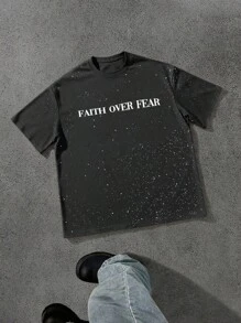 Manfinity EMRG Men's Casual Silver Foil Slogan Print Short Sleeve T-Shirt, Summer - Black - View 2