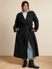 SHEIN LUNE Plus Size Women Lapel NeckLong Sleeve Casual Double-Faced Overcoat Winter Clothes For Women Business Casual Woman Trench Coats Fall Clothes For Women Winter Clothes Office Outfits For Women Chic Winter Business Autumn