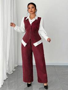 Elenzga Plus Size Women's Button Striped Patchwork Contrast Color Shirt And Striped Pants Elegant Commuter 2 Pieces Set Fall Cloth For Women - Red - View 5