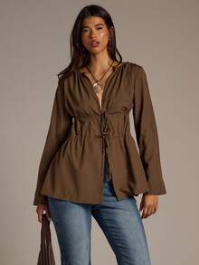 Aloruh Áo sơ mi dài tay thắt eo thiết kế xếp nếp cho Halloween dành cho nữ, màu be xám trơn, áo cánh thường ngày phong cách Bohemian, quần áo mùa thu cho nữ, áo sơ mi mùa thu, quần áo mùa thu cho nữ, áo thun họa tiết, áo dài tay cho nữ, áo đi chơi Y2k, áo nữ, áo phông cho nữ, áo đi chơi, áo crop top, áo nữ, áo dài tay, trang phục Boho cho nữ, trang phục Halloween - màu nâu - Xem 4