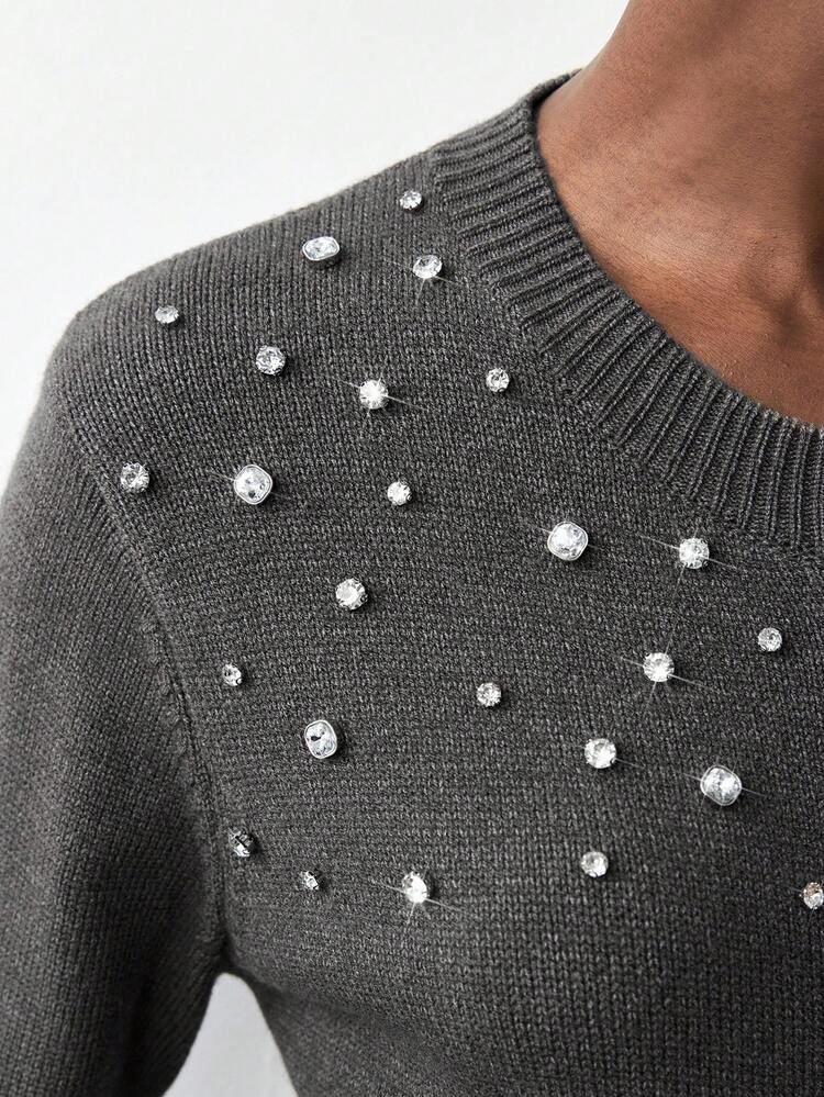 SHEIN Maija Women's Gray Round Neck Rhinestone Trim Hem And Cuff Design Knitted Sweater, Fall For Women Christmas Sweater Sequin Party Winter For Women Office For Women Elegant Women's Blouses Casual Blouses For Women Thanksgiving For Women Party Halloween Costume Women Christmas Sweater