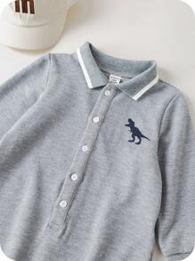 SHEIN Newborn Baby Boy/Girl Cute Cartoon Pattern Polo Collar Long Sleeve Romper, Autumn/Winter Baby Boys Outfit Baby Golf Outfit Baby Boy Going Home Outfit Baby Boy Dinosaur Outfit Fall