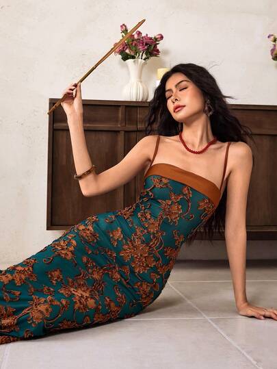 EastFlair Women's Floral Jacquard Mermaid Hem Fitted Elegant Dress Chinese Style Formal Dress Christmas Party Dress Fall Clothes For Women Christmas Women's Clothing Fall Dresses Jacquard Fabric,Party Dresses For Women