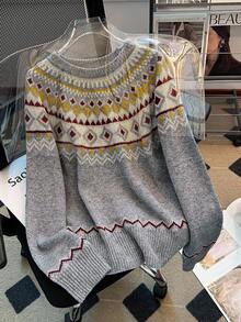 SHEIN Franclia 全新休闲舒适费尔岛圆领圣诞氛围撞色菱形花纹套头毛衣，百搭减龄，女士适用 - 彩色 - 查看 7