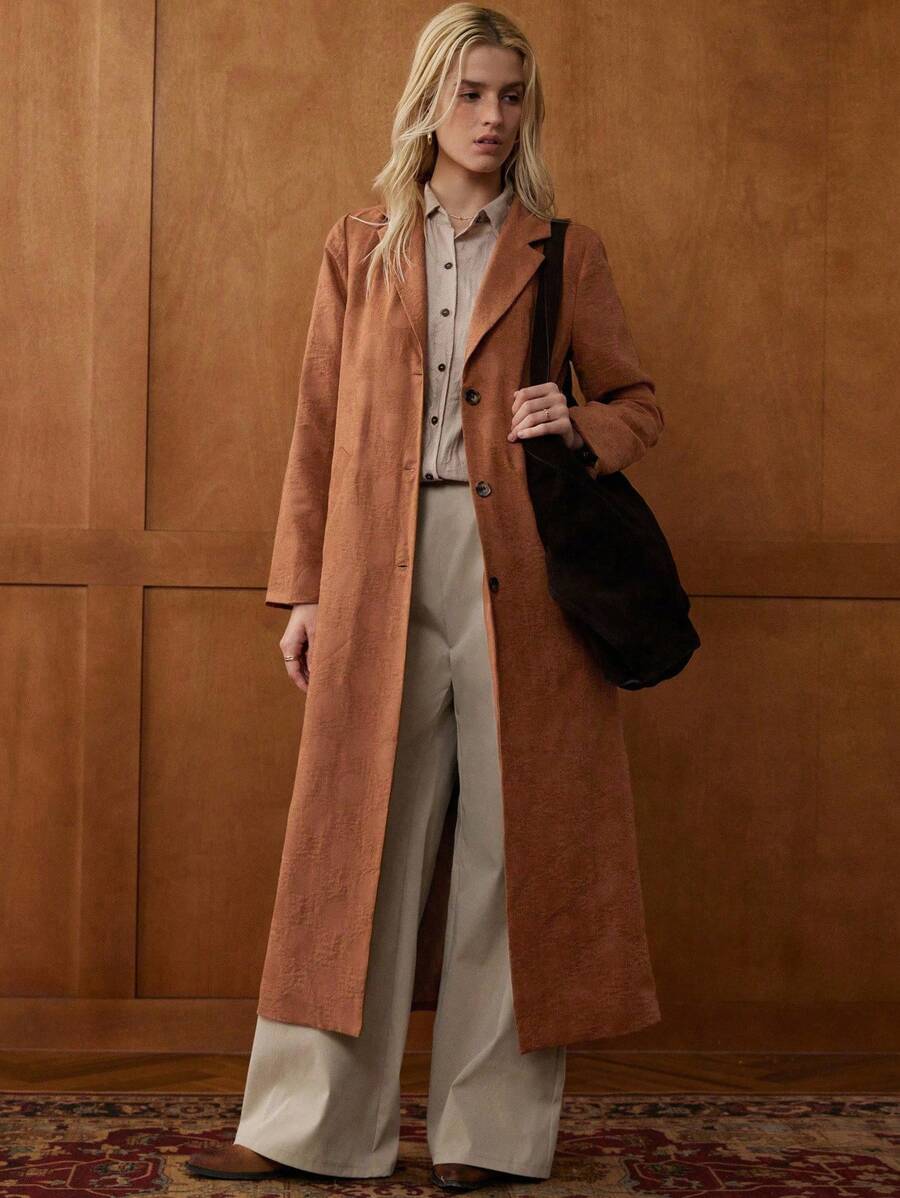 Écloséra 复古休闲日常宽松棕色仿麂皮压花波点压花无弹力中长款秋冬新款时尚风衣 - 鏽棕色 - 查看 1