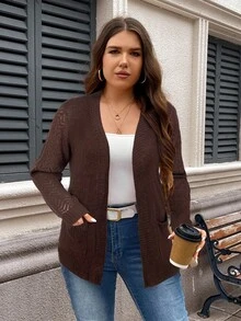 SHEIN LUNE Plus Size Women's Casual Commuter Simple Solid Color Patchwork Pocket Cardigan, Autumn - Chocolate Brown - View 4