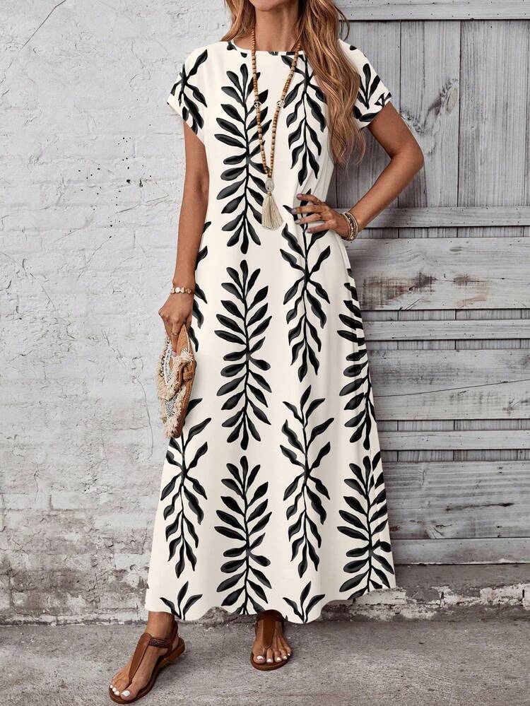 Casual Minimalist Versatile Pattern Women Summer Dress Chic Dress Leaf Print Maxi Dress Women Vacation Dress Long Maxi Summer Dress Casual Long Dress Maxi Vacation Dress,Casual