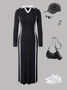 SHEIN Tween Girls' V-Neck Long Sleeve Casual Sports Dress, White, Autumn Clothes - Black - View 4