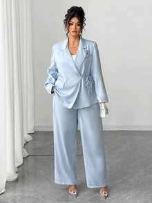 Elenzga Plus Size Women Elegant Solid Color Tie-Up Blazer Suit Set, Suitable For Commuting, Autumn/Winter Fall Cloth For Women - Baby Blue - View 5