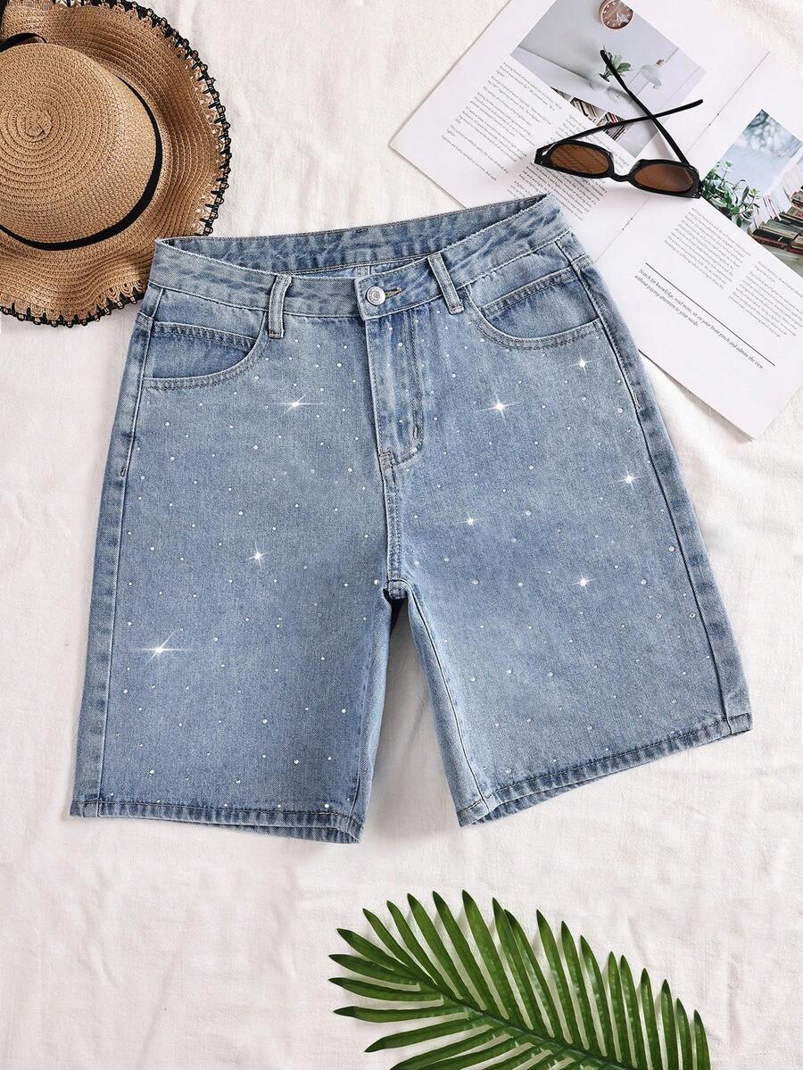 SHEIN Shorts vaqueros de pierna recta con adornos de strass para mujer - Lavado ligero - Ver 1