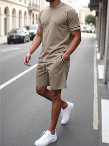 Manfinity Homme Men Contrast Tape Tee With Drawstring Waist Shorts