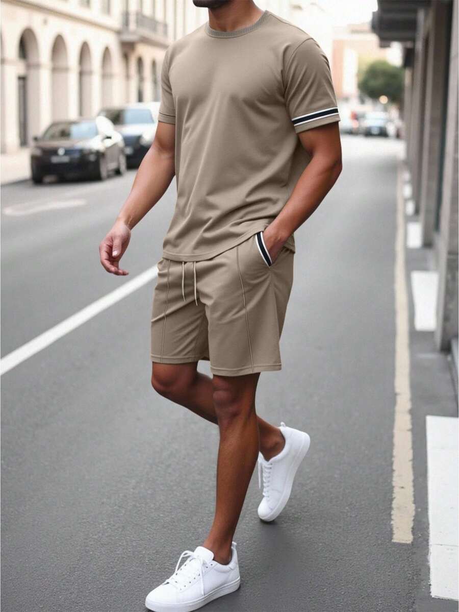 Manfinity Homme Men Contrast Tape Tee With Drawstring Waist Shorts