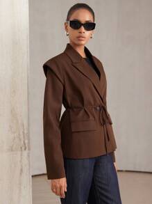 Aveloria Modichic Autumn/Winter New European And American Style High-End Shoulder Pad Tie Waist Loose Commuter Blazer For Women Fall Cloth For Women - Coffee Brown - View 3