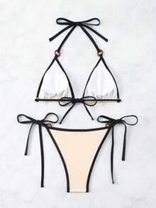 Swim Basics Women Bikini Sets Cincin Blok Warna Plain Anggun - Aprikot - View 2