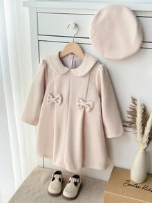 SHEIN 2 件套女童秋季连衣裙，长袖蝴蝶结装饰连衣裙和帽子 - 杏色 - 查看 4