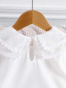 Genkimix Kids Girls' White Solid Floral Lace Mesh Patchwork Layered Collar Cuff Elastic Ruffle Hem Blouse,Outings - White - View 5