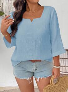 EMERY ROSE Plus Size Casual Solid Color Textured Shirt - Blue - View 1