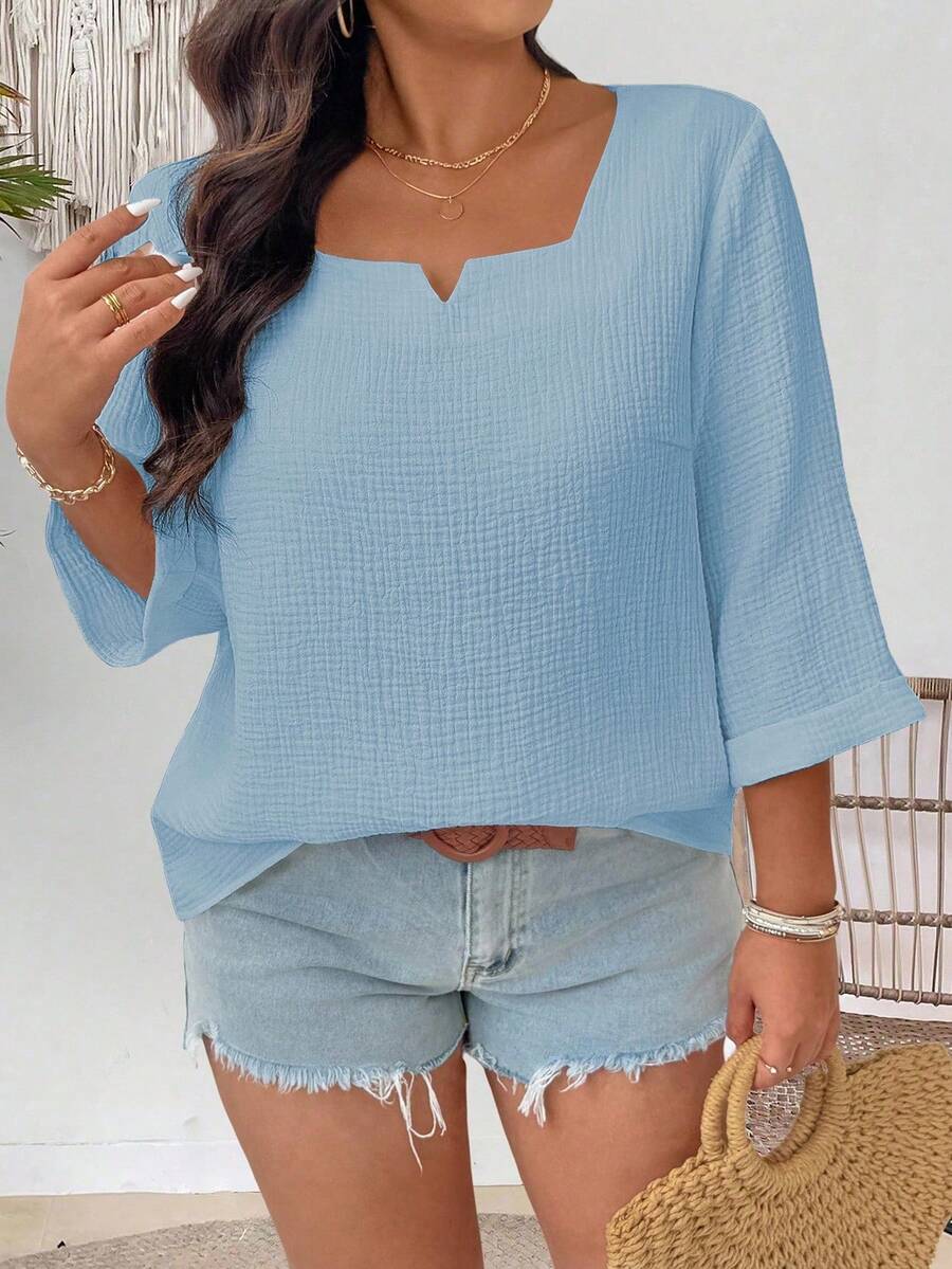 EMERY ROSE Plus Size Casual Solid Color Textured Shirt - Blue - View 1