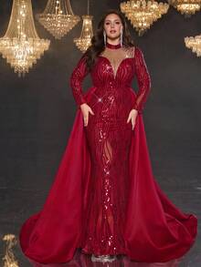 Glamrae Váy dài maxi đuôi cá dáng đuôi cá dài tay đính sequin sang trọng màu đỏ thanh lịch cổ đứng bằng vải satin lưới trong suốt cổ chữ V đính sequin lấp lánh có đuôi dài ấn tượng cho những dịp trang trọng - Đỏ - Xem 6