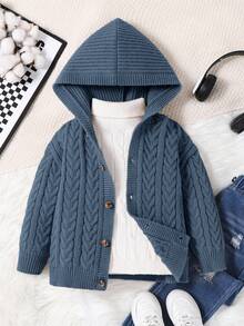 1 件年轻男孩休闲可爱日常舒适超大卡其色罗纹饰边连帽开衫，适合外出、上学、日常聚会、秋冬