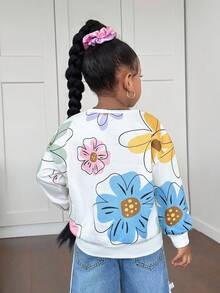 Young Girl Floral Pattern Long Sleeve Sweatshirt,Versatile White Autumn Family Matching Family Vacation Girls Floral Long Sleeve Top,Versatile Tops - Beige - View 2