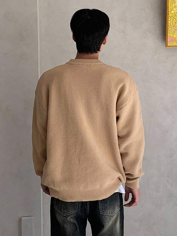 Men's Letter Jacquard Khaki Sweater, Autumn