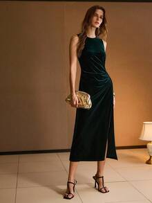 MOTF PREMIUM RUCHED SPLIT THIGH DRESS - Dark Green - View 5