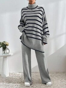 EURMUSE Bộ áo len cổ lọ kẻ sọc nhiều màu và quần len thường ngày, Thu/Đông - Nhiều màu - Xem 1