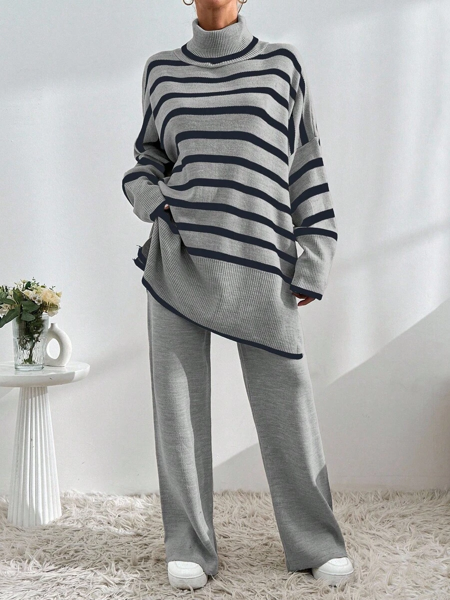 EURMUSE Bộ áo len cổ lọ kẻ sọc nhiều màu và quần len thường ngày, Thu/Đông - Nhiều màu - Xem 1