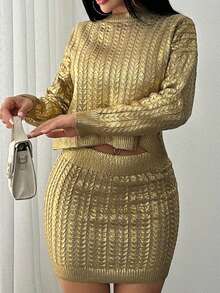 EURMUSE Women's Gold Foil Printed Circular Cable Knit Long Sleeve Beige And Gold Pattern Sweater Pullover And Knit Mini Skirt 2 Pieces Set,Petite Co Ord,Co Ord,Petite,Winter Clothes - Beige - View 6