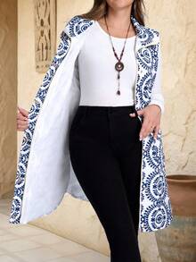 EMERY ROSE Plus Size Women Plant Pattern Zip Front Casual Pocket Sleeveless Winter Jacket Fall Autumn - Blue - View 9