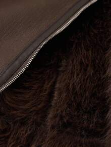 GENKIRA 棕色复古摩托车朋克风格加厚仿毛领装饰腰带秋冬女士加厚 PU 皮夹克 - 棕色 - 查看 7