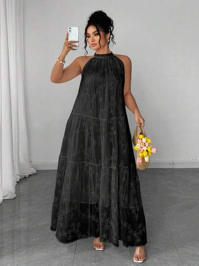 Elenzga 大码女式纯色立领无袖宽松浪漫优雅连衣裙