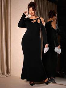 Cravure Women's Plus Size Slim-Fitting Long-Sleeved Fishtail Dress With Shoulder Features Hollow Studs And Bubble Beads Off The Shoulder Party Elegant Formal Women Dresses Evening Dress Maxi Bodycon Dress Fall Cloth For Women - Black - View 6