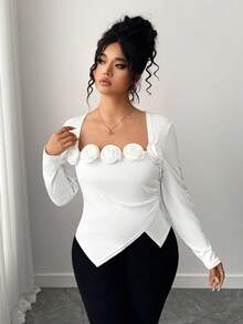 SHEIN Elenzya قميص نسائي أنيق بطبعة وردة كبير الحجم - أبيض - مشاهدة 5