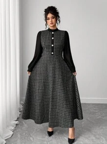 Elenzga Váy dài tay kẻ caro phối màu thanh lịch cỡ lớn dành cho nữ - màu đen - Xem 3
