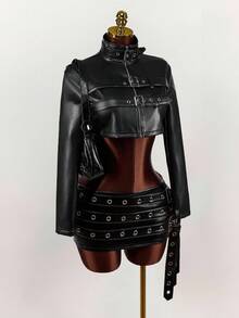 Amplova Áo khoác ngắn cổ đứng màu trơn thời trang thu đông cho nữ thắt lưng kim loại lỗ xỏ dây - màu đen - Xem 4