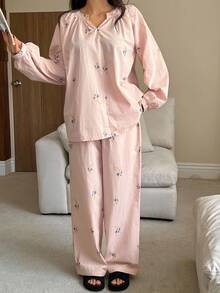 DAZY Floral Print Loose Women Pajama Set, Fall Winter Clothes - Baby Pink - View 5