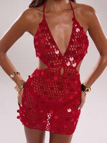SHEIN BAE 秋冬女士纯色镂空设计亮片性感露背针织连衣裙 - 紅色 - 查看 7