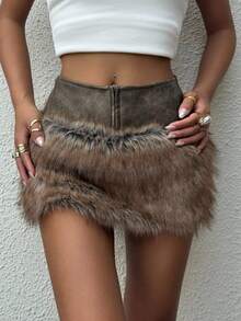 Muchica 2025 New Arrive Autumn/Winter Women Fashion Brown Faux Fur Patchwork Skirt For Going Out Outfits, Streetwear, Grunge And Punk Chic, Y2K Clothes