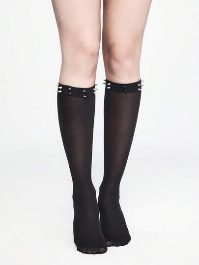 Grunge Punk 1 par de calcetines de pantorrilla con tachuelas de estilo punk, calcetines minimalistas de color negro sólido de mitad de pantorrilla estilo Y2K, medias transparentes elásticas ultra delgadas