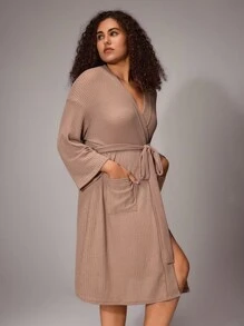 Bata con bolsillos dobles, hombros caídos, tejido de gofre y cinturón, cómoda y elegante, atuendos de otoño e invierno - Marrón Mocha - Ver 5