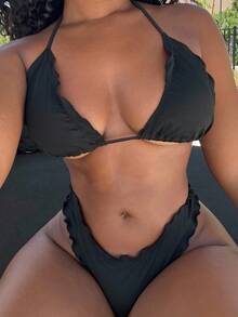 Alexandranx Bộ bikini ren cao cấp gợi cảm màu trơn cho nữ, đi nghỉ - màu đen - Xem 3