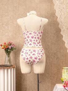 Swim Mod Women's Beach Outfit, Textured Fabric With Vintage Rose & Ditsy Floral, Sweet Lace Trim & Bow Accent, Fashionable Resort Wear, Cute Women's Swimsuit Set, Camisole Strap Bikini Pink Summer