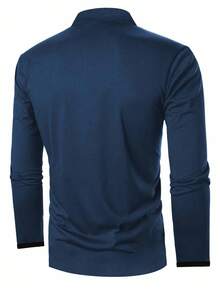 Manfinity Homme 男士海軍藍長袖 Polo 衫，純色鈕扣休閒百搭秋季商務休閒辦公 Polo 衫，適合秋季，正式場合 - 藏蓝色 - 查看 2