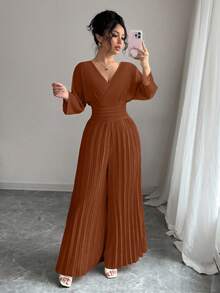 Rafferiza Bộ đồ liền thân dài tay cổ chữ V màu trơn thanh lịch dành cho nữ - Rỉ Nâu - Xem 7
